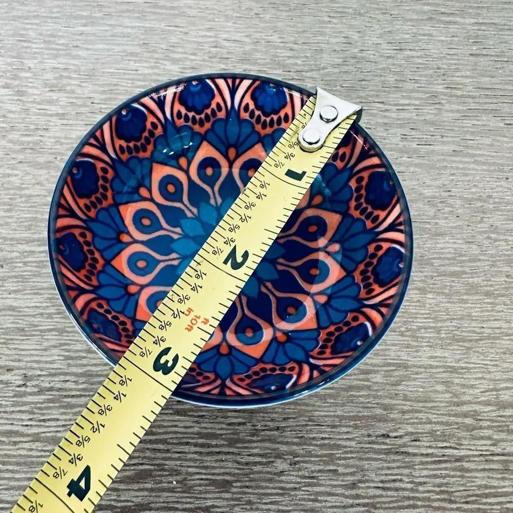 Ceramic Trinket Dish Serving Bowl Orange Blue Boho Pattern